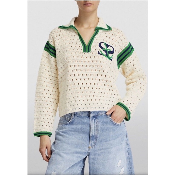 Sandro Hand Knit Embroidered Crochet Polo Sweater